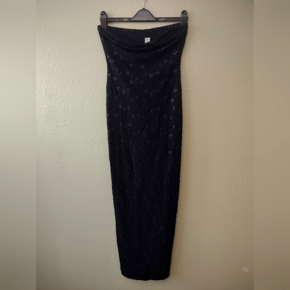 Y2K 90s Vintage floral lace metallic strapless midi dress with slit - Picture 2 of 6